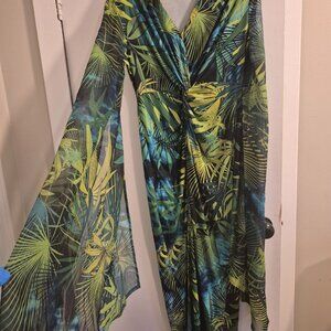 Venus Tropical Palm Print Maxi Dress – Green & Blue, Draped V-Neck